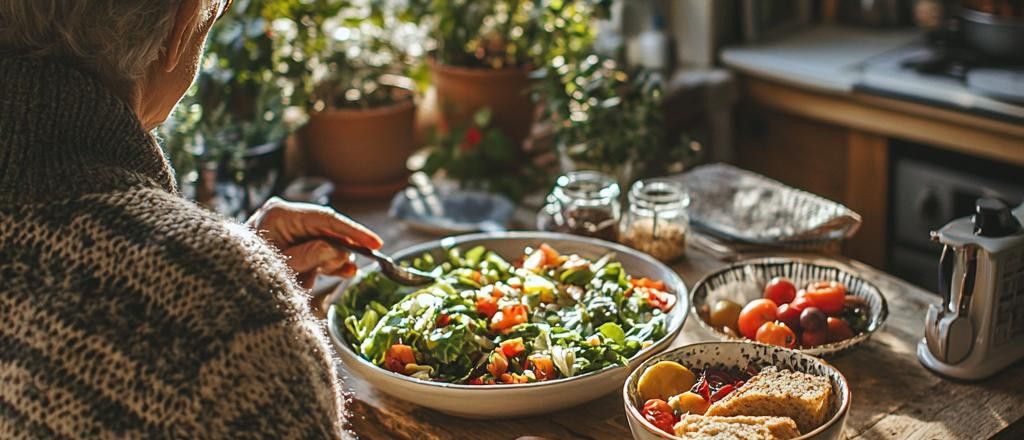 A woman is eating a salad at a table with sunlight streaming in. There are other bowls of food on the table.