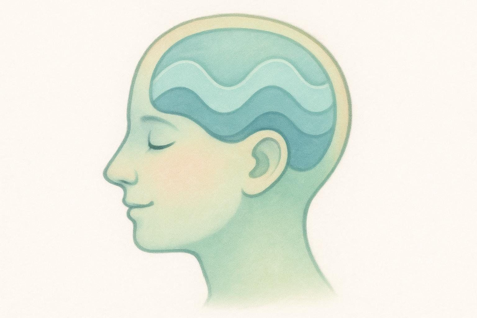 Illustration of a person's head in profile with closed eyes, showing calm, wave-like patterns inside the brain, representing improved sleep quality.