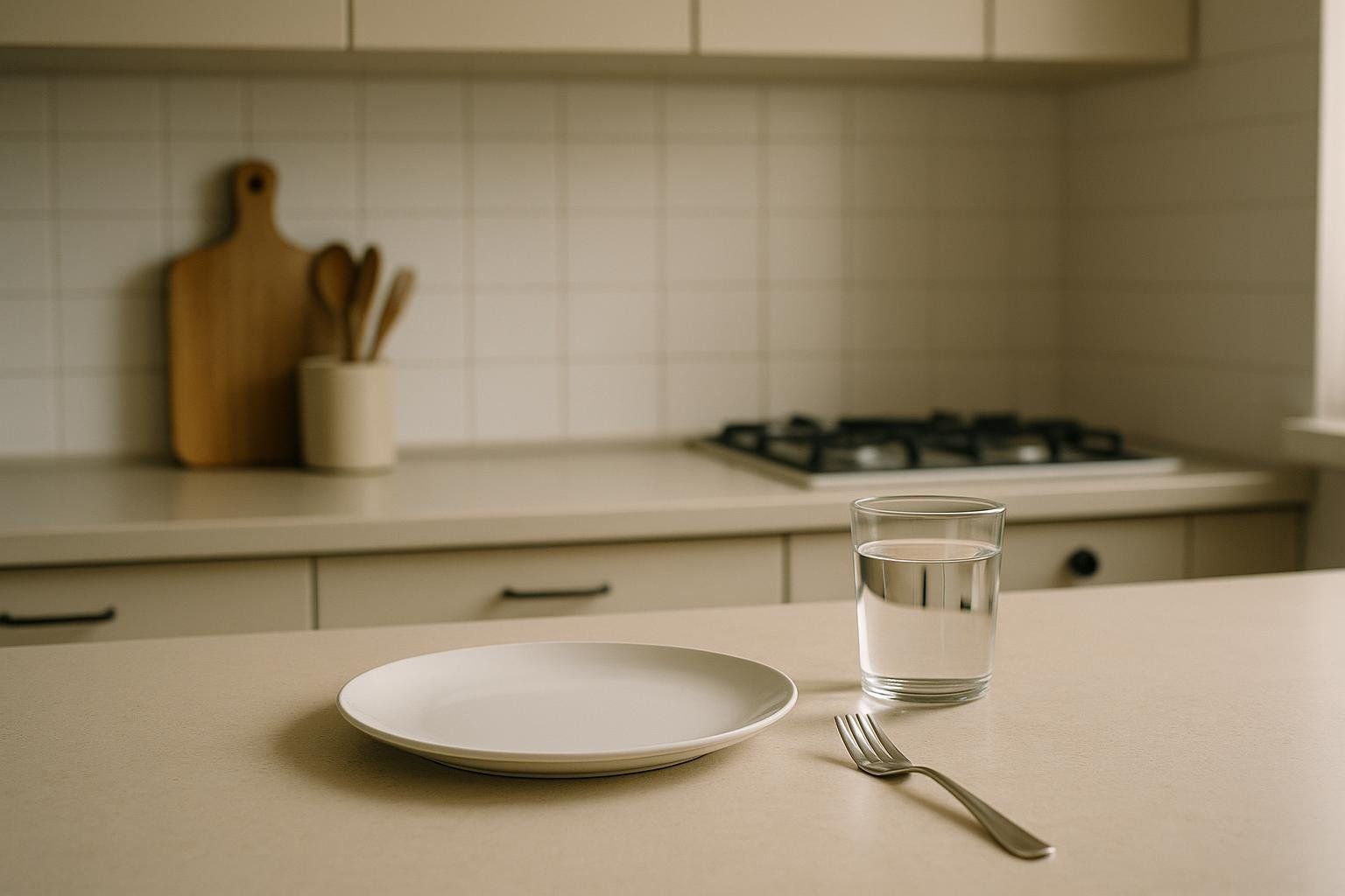 An empty white plate, a glass of water, and a fork on a beige kitchen counter. In the background, there's a stove, cabinets, and a cutting board with wooden utensils, all in a neutral color palette.