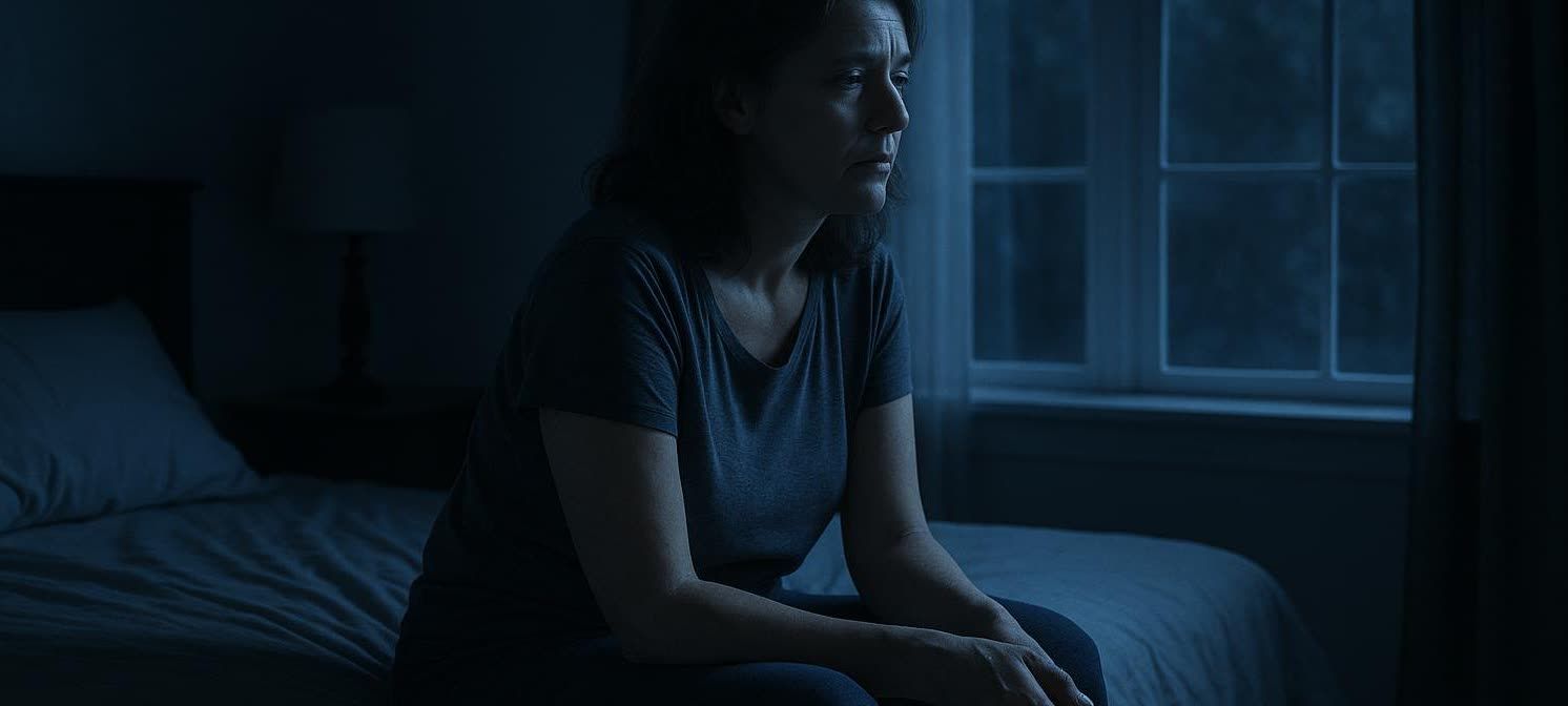 A thoughtful and tired-looking woman in her late 40s sits on her bed in a dark room, representing perimenopause sleep struggles.