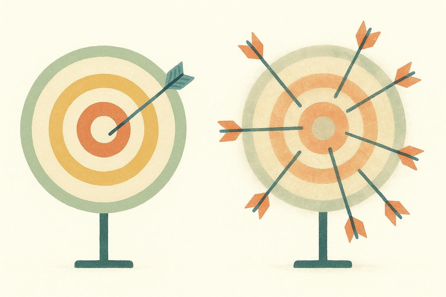 Illustration showing two colorful targets to represent accuracy and precision. On the left, a single arrow perfectly hits the bullseye, illustrating accuracy. On the right, multiple arrows are scattered around the bullseye, some close and some far, illustrating precision without accuracy.