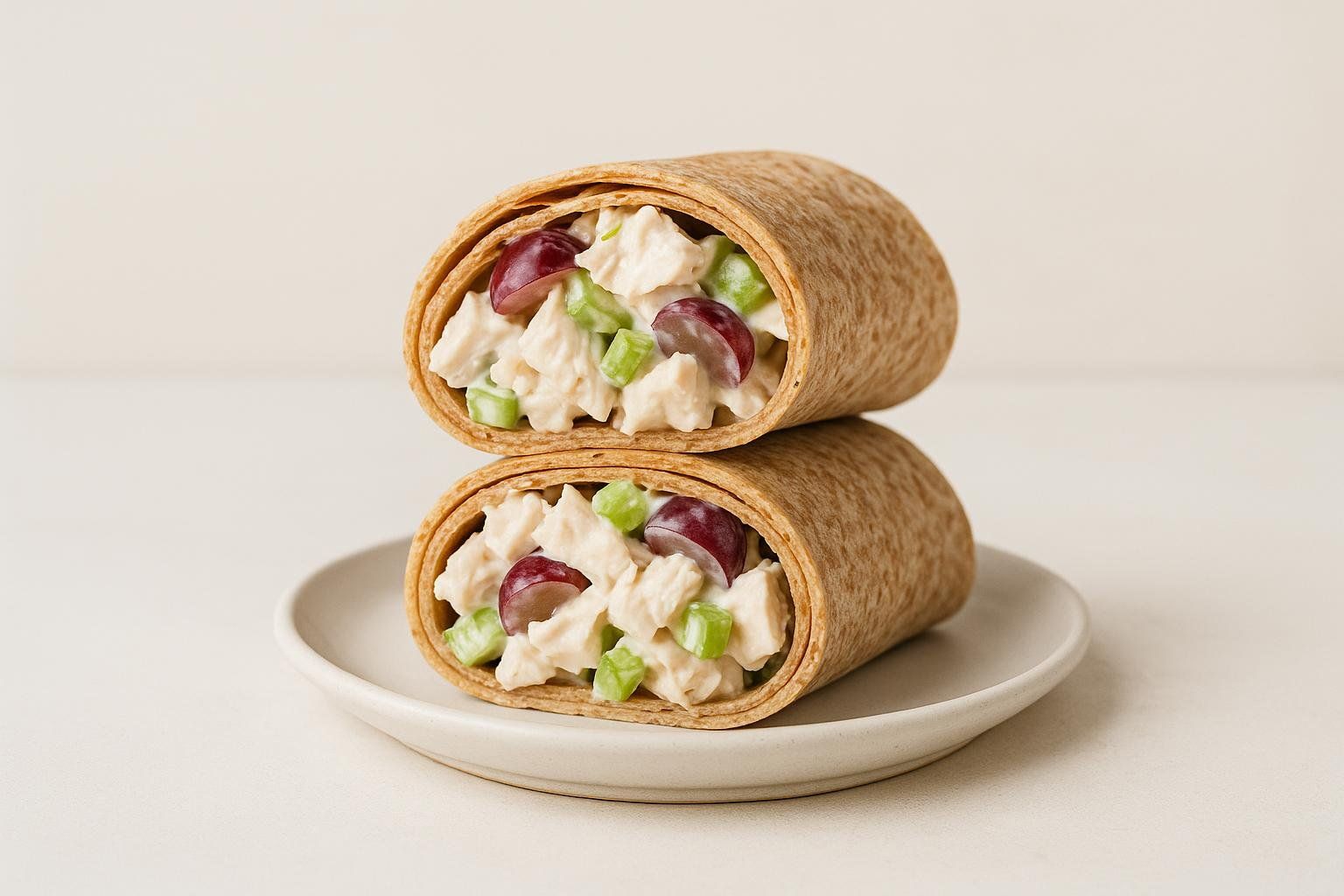 Two halves of a Greek yogurt chicken salad wrap, filled with chunks of chicken, red grapes, and diced celery, stacked on a light-colored plate.