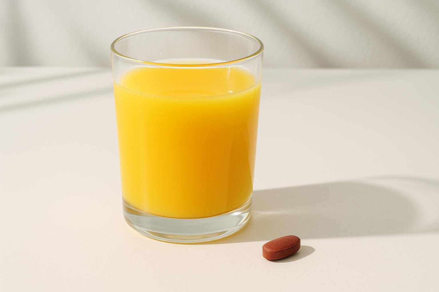 A glass of orange juice sits next to an iron supplement pill on a light-colored surface with soft shadows, illustrating a common dietary recommendation for improved iron absorption.
