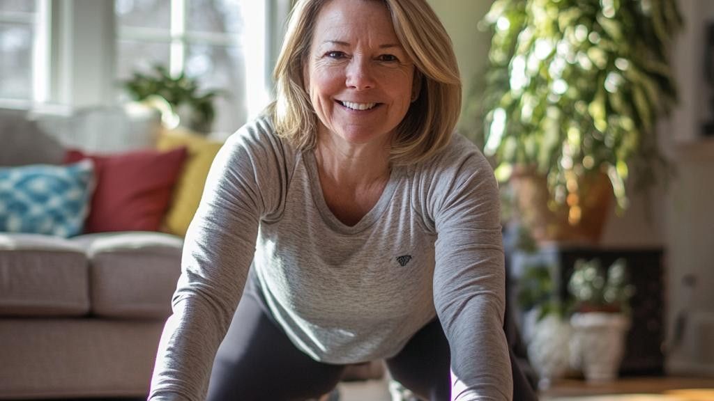 A smiling woman in workout clothes is shown mid-exercise in a bright living room.