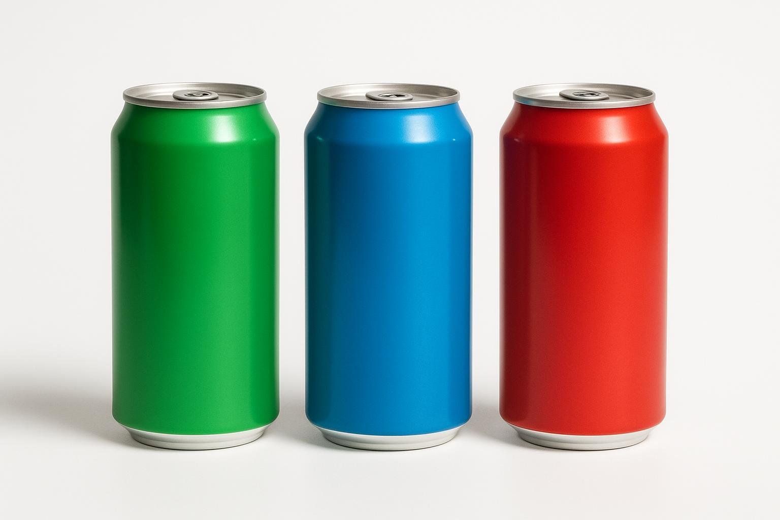 Three generic, brightly colored beverage cans in a row: a green can, a blue can, and a red can, all with silver tops and bases, set against a plain white background.