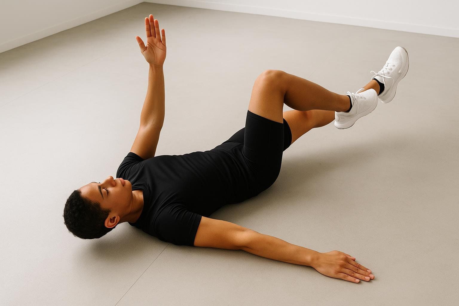 A person in black athletic wear lies on a light-colored floor, demonstrating the Dead Bug exercise. One arm is raised straight up, while the opposite leg is bent at the knee and raised with the foot off the ground. The other arm and leg are extended on the floor.