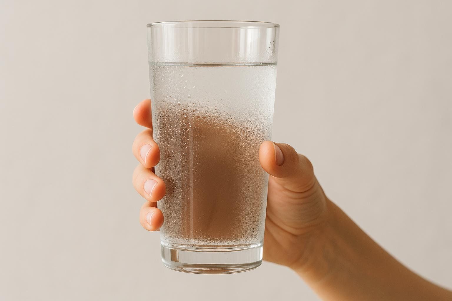 A hand holding a large glass of water, illustrating the importance of hydration to manage SGLT2 inhibitor side effects.