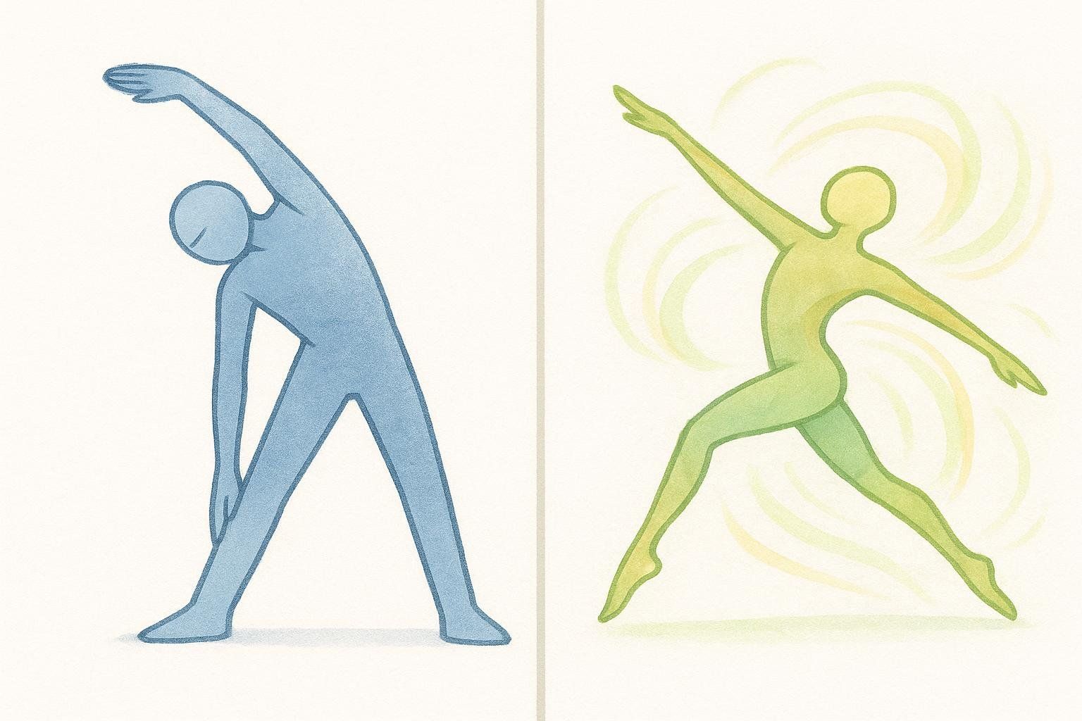 An illustration comparing a stiff blue figure performing a static side bend stretch to a fluid green figure in a dynamic lunge with arms outstretched, surrounded by swirling lines indicating movement.