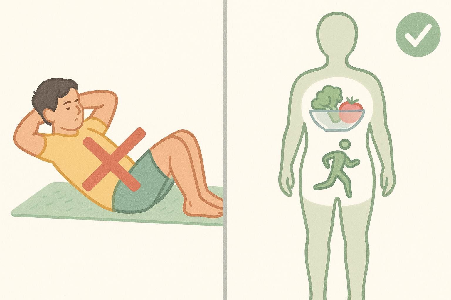 An infographic debunking the myth of spot reduction, showing that isolated ab exercises (crossed out on the left) are not effective for fat loss. Instead, overall healthy eating (a bowl of vegetables) and exercise (a person running) combined lead to fat loss, indicated by a green checkmark on the right.
