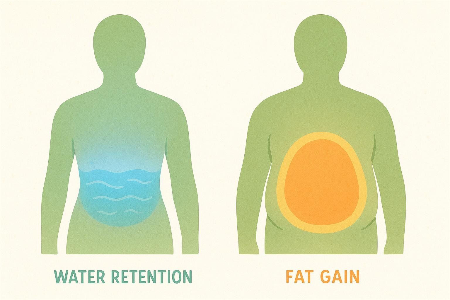 An illustration comparing the effect of water retention and fat gain on the human body. The left silhouette shows water retention in the lower torso, indicated by a blue, wavy shape that glows from within. The right silhouette illustrates fat gain with an expanding, solid orange shape in the abdomen.