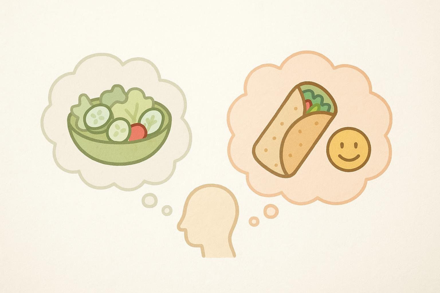 Illustration showing a choice between a bland meal and a satisfying burrito, highlighting the importance of satisfaction.