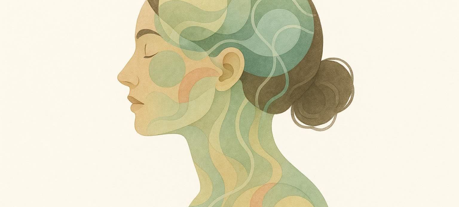 An abstract illustration showing colorful circles and wavy lines inside a woman's silhouette, representing hormones or internal states. The woman's eyes are closed, depicting a calm or meditative state.