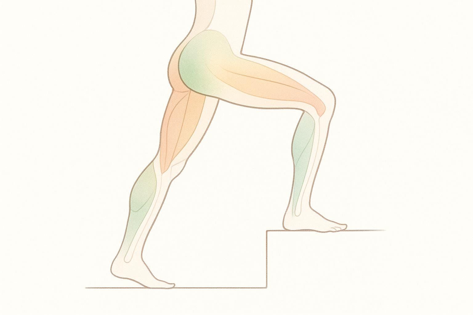 An anatomical illustration showing the leg muscles worked by the StairMaster: glutes, quads, hamstrings, and calves.