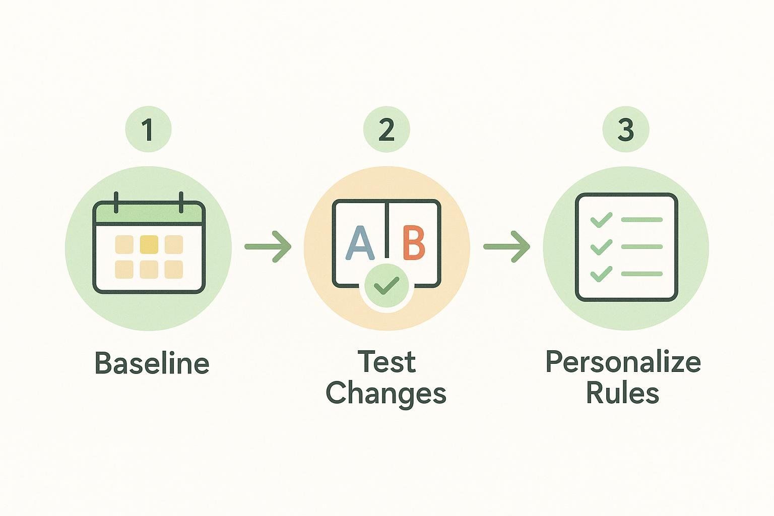An infographic showing the 3-step CGM experiment: 1. Baseline with a calendar icon. 2. Test Changes with an A/B test icon. 3. Personalize Rules with a checklist icon.
