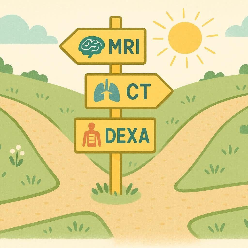 Illustration of a signpost at a crossroads in a grassy landscape with a sun shining. The signs point to paths labeled 'MRI' with a brain icon, 'CT' with a lung icon, and 'DEXA' with a body icon.