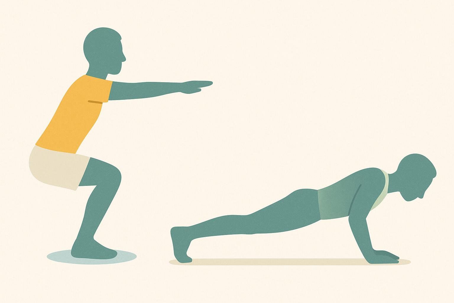 Illustrations showing the correct basic form for a squat and a push-up.