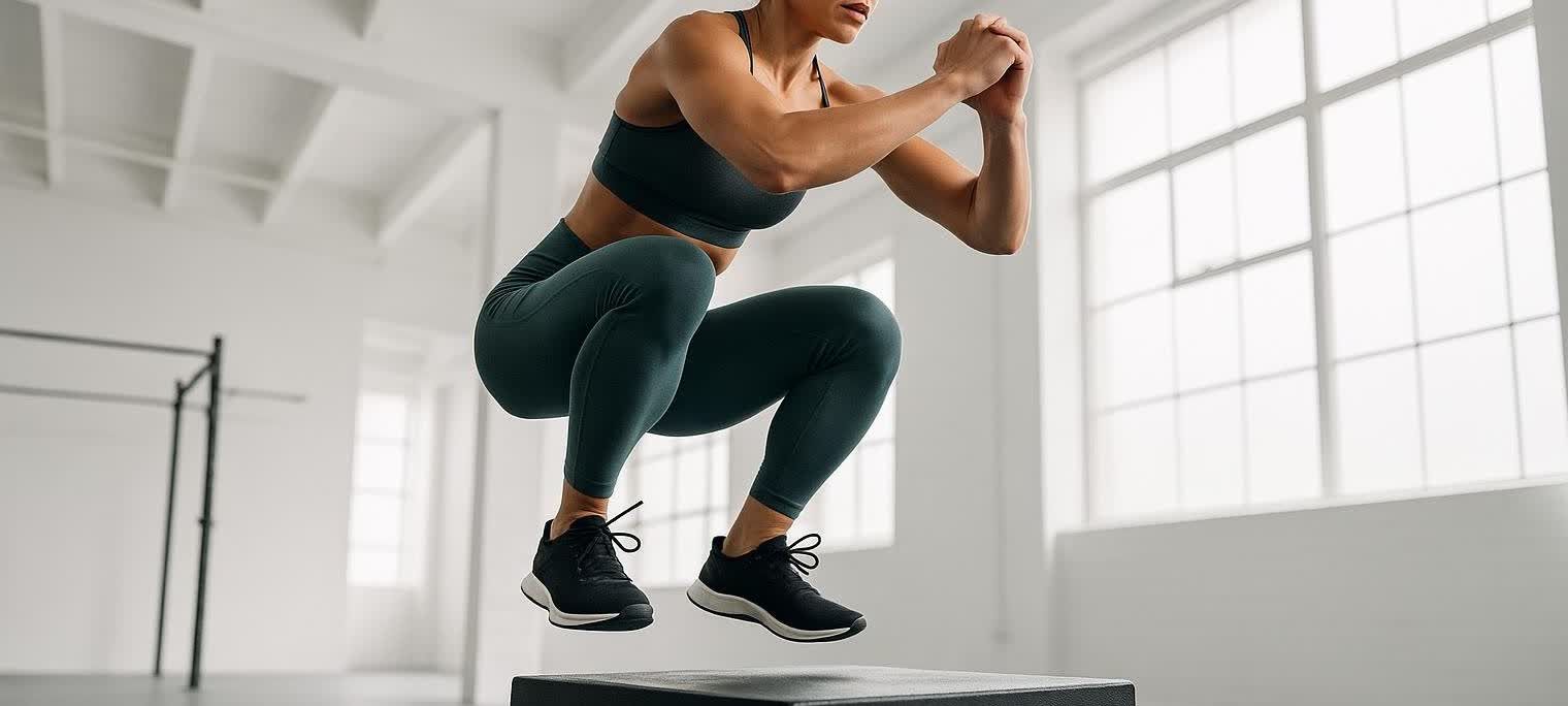An athletic woman captured at the peak of her box jump, showcasing explosive power in a modern gym setting with white walls and large windows.