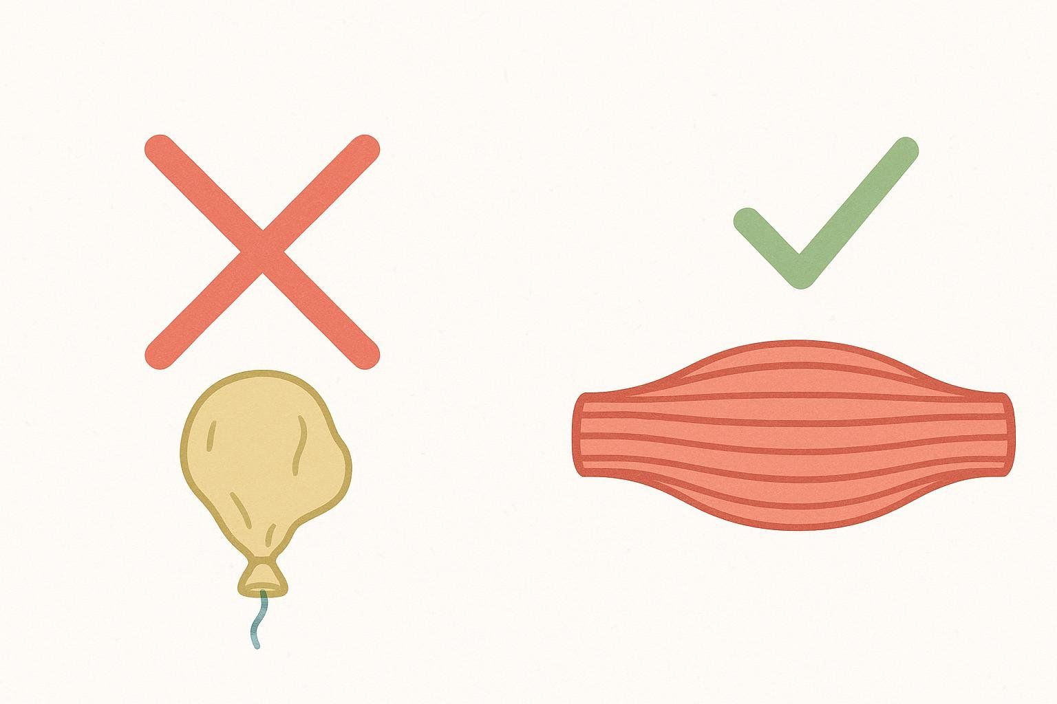An illustration showing that muscle knots are sustained contractions, not pockets of lactic acid. On the left, a crossed-out yellow balloon represents the incorrect theory of lactic acid pockets. On the right, a checkmark indicates a red, striated muscle, representing a sustained contraction.