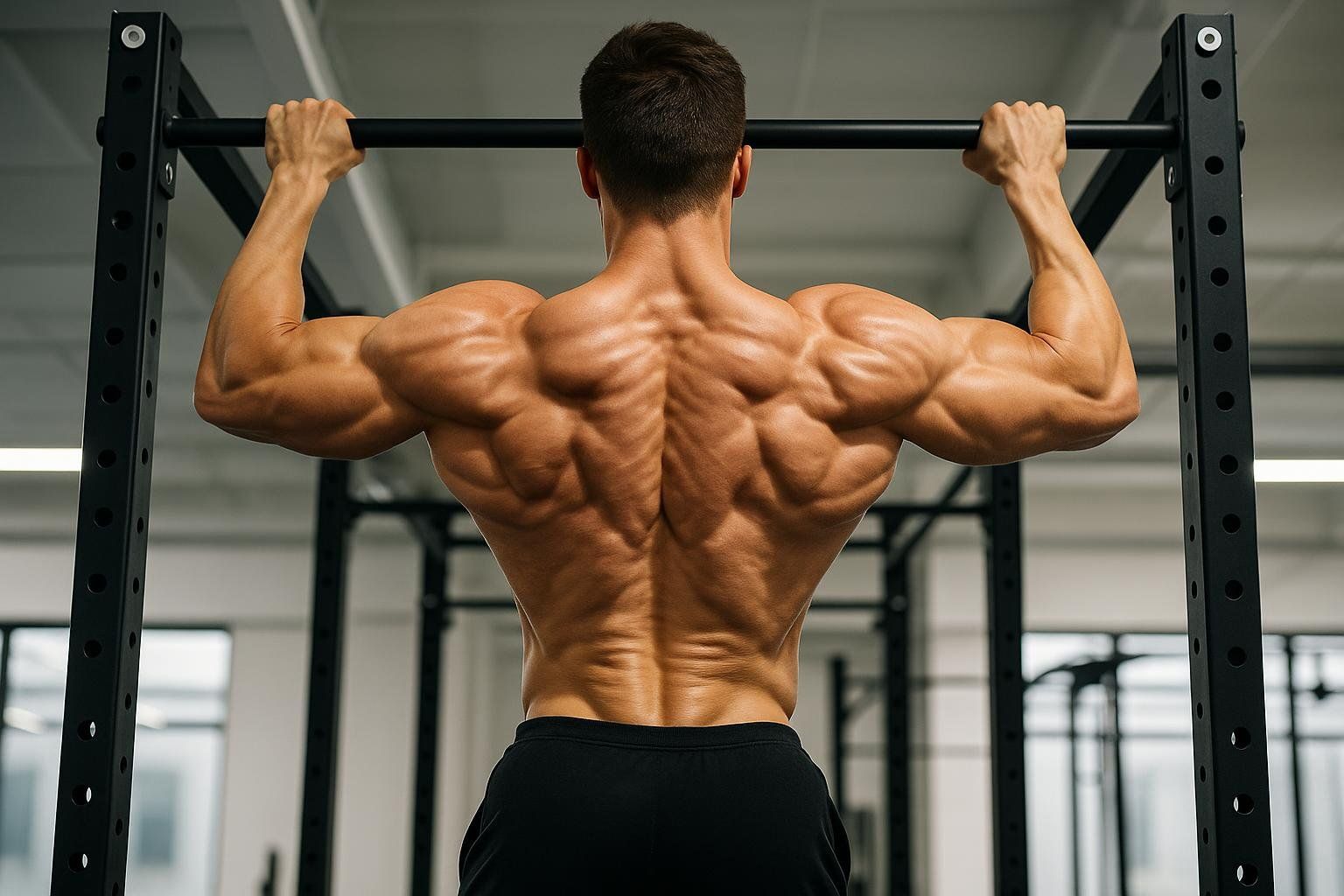 A muscular man seen from behind at the top of a pull-up, revealing well-defined back and arm muscles, particularly the latissimus dorsi.