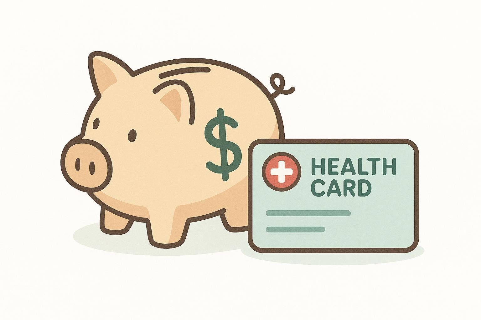 An illustration of a piggy bank with a dollar sign on its side, next to a 'Health Card' with a red cross icon. This image represents healthcare costs and payment options, possibly for DEXA scans.