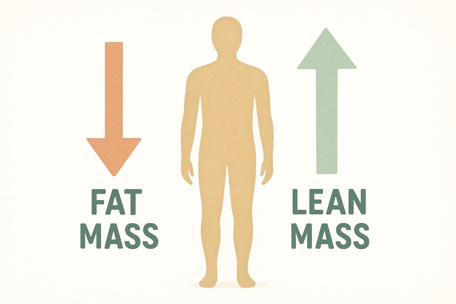 An illustration of a human silhouette with an arrow pointing down for 'Fat Mass' and an arrow pointing up for 'Lean Mass', symbolizing ideal body composition changes.