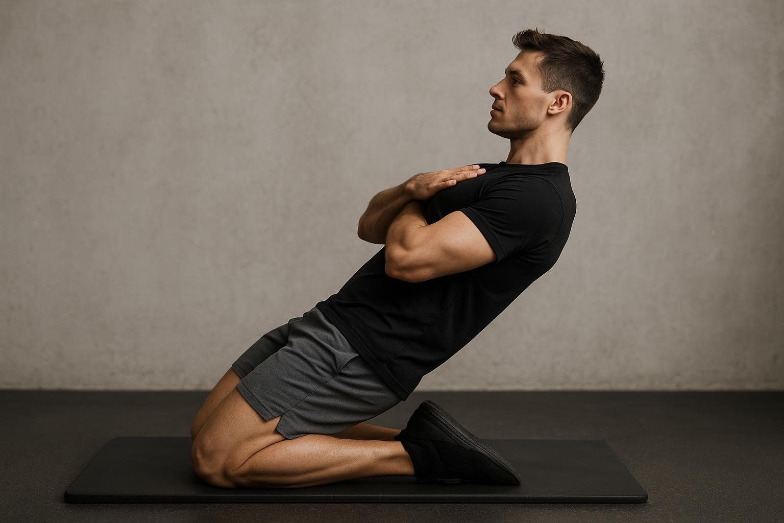 A man in a black t-shirt and grey shorts on his knees, performing a reverse Nordic curl, leaning back with a straight back and crossed arms, illustrating a quadriceps exercise.