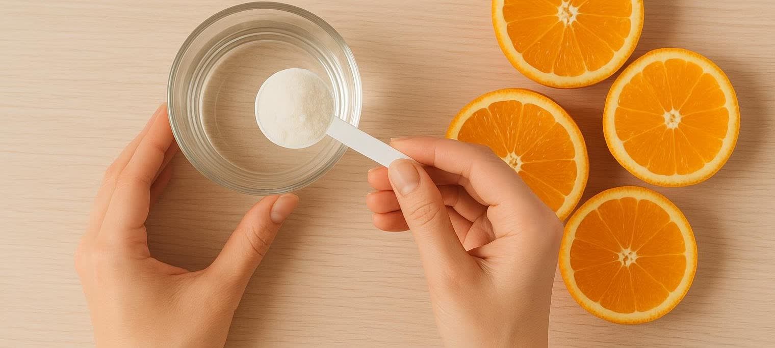 A person's hands holding a scoop of white collagen powder over a glass of water, next to several slices of fresh oranges on a light wooden surface.