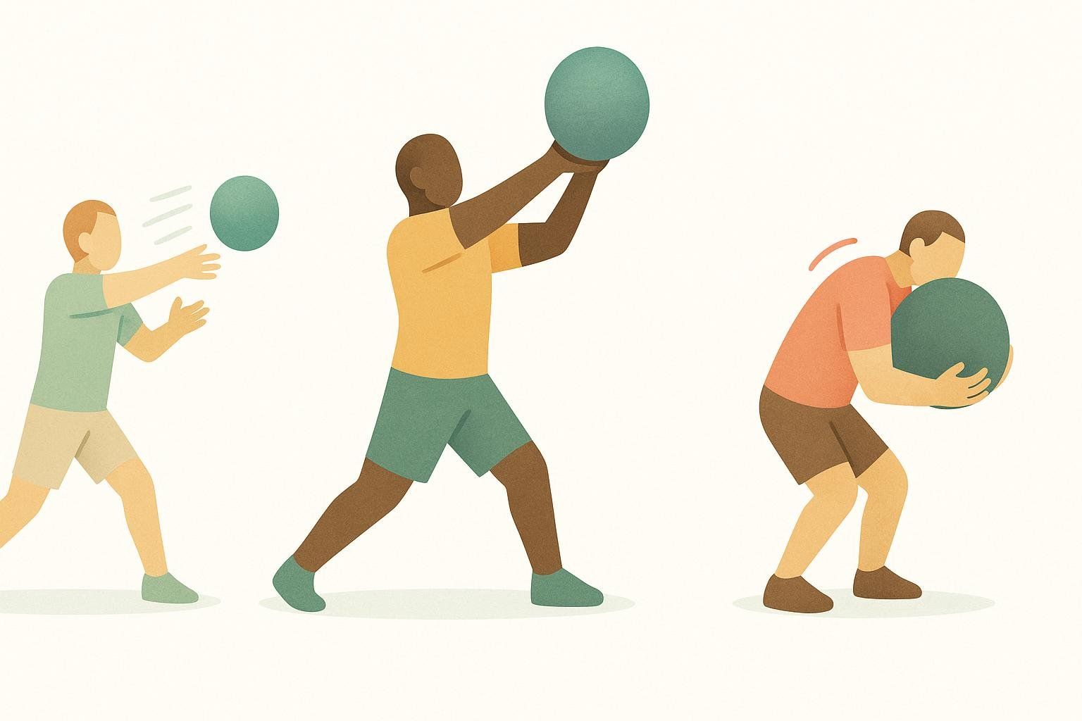 An illustration showing three comparisons of people using medicine balls. On the left, a person is throwing a light medicine ball quickly with good form. In the middle, another person is lifting a medium-sized medicine ball overhead with good form. On the right, a person struggles with a heavy medicine ball, showing poor form and being bent over under its weight, suggesting that the ball is too heavy for them.
