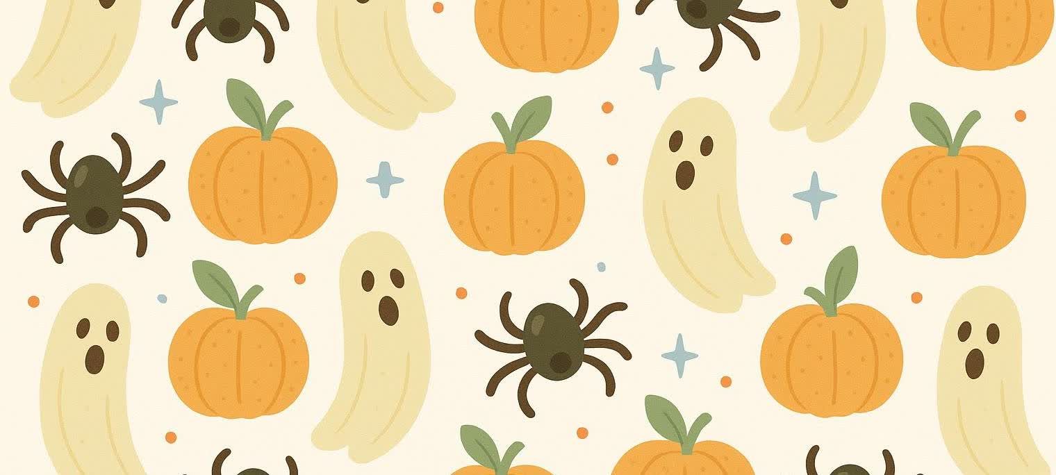 Playful, modern illustration of healthy Halloween snacks like banana ghosts and clementine pumpkins, along with spiders and stars, arranged in a repeating pattern on a light background.