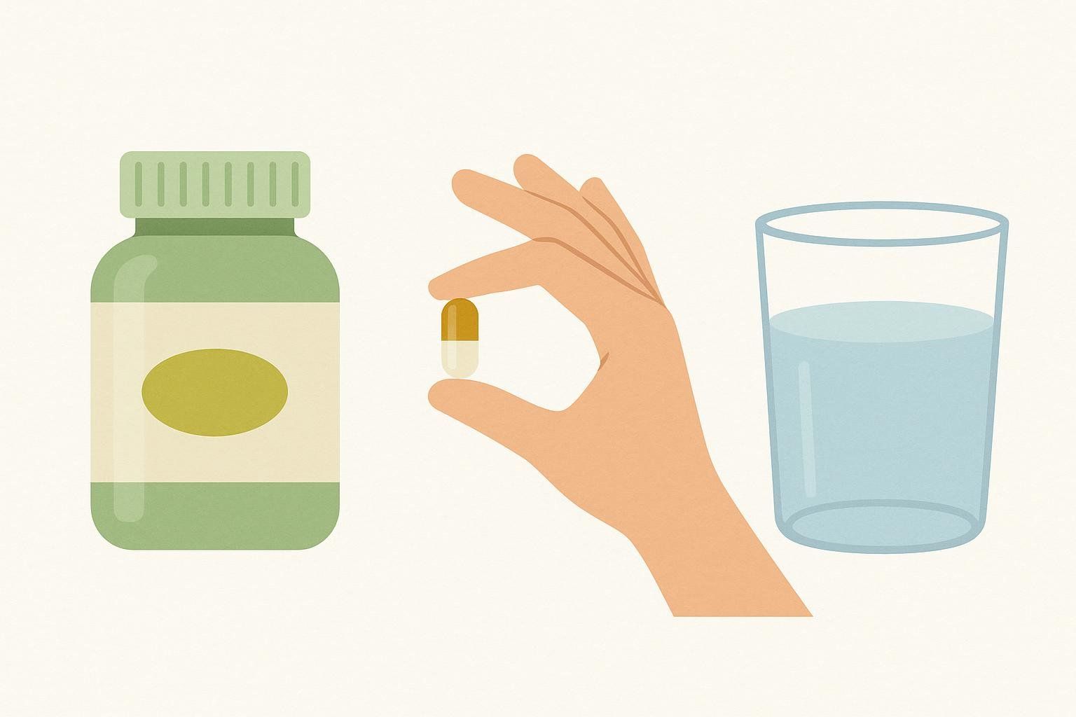 An illustration showing a green supplement bottle, a hand holding one yellow and white capsule, and a glass of water. This represents taking a single dose of medication or a supplement.