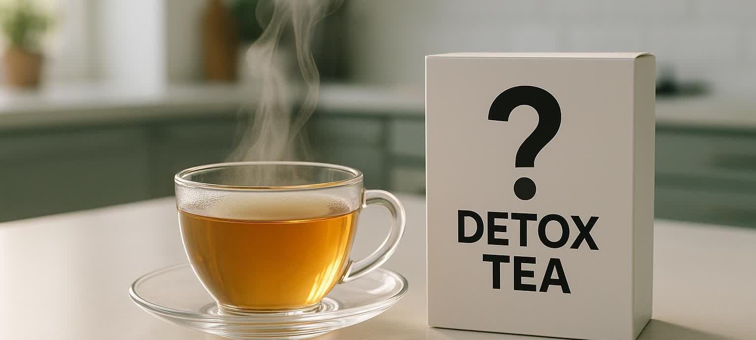 A cup of detox tea next to its box, which has a large question mark over it, questioning its effectiveness and safety.