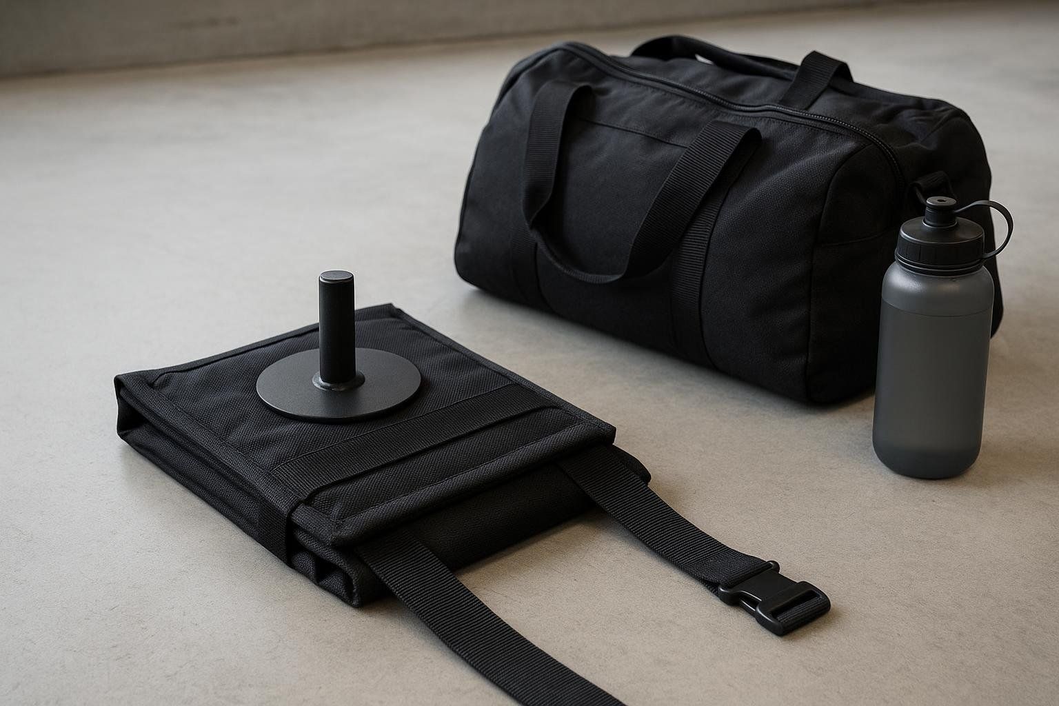A compact black fabric weight sled with a metal post for weights is shown next to a black gym bag and a dark gray water bottle, highlighting the sled's portable size for home gym users.