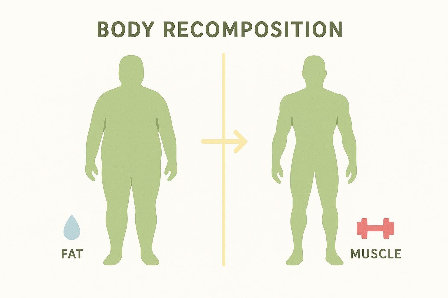 An infographic illustrating body recomposition, showing a silhouette of a person on the left with more body fat and an icon representing fat, transitioning to a silhouette on the right with less body fat and more muscle definition, alongside an icon representing muscle. The overall body size appears similar.