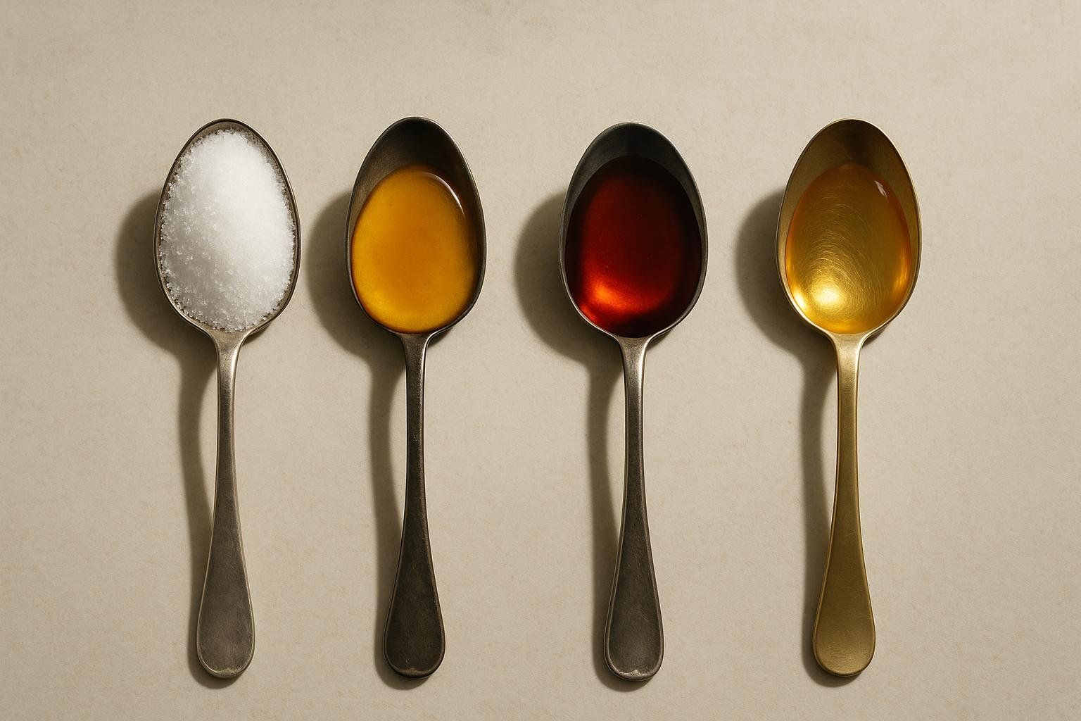 Four spoons comparing different sweeteners: sugar, honey, maple, agave.