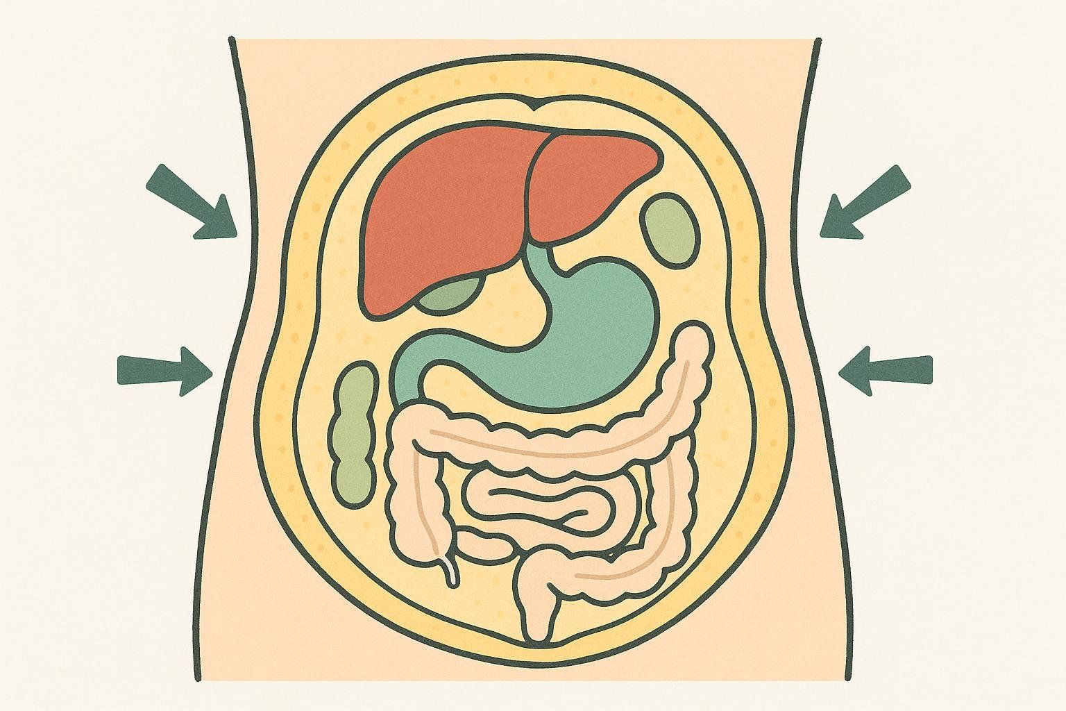 An illustration of a torso cross-section showing the reduction of visceral fat around the organs, a specialty of Tesamorelin.