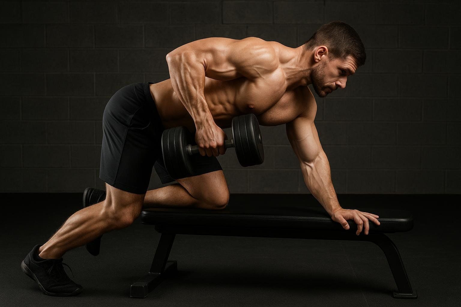 A muscular man with good form is performing a one-arm dumbbell row, leaning on a weight bench. He is shirtless and wearing black shorts, focusing on the exercise to target his back muscles.