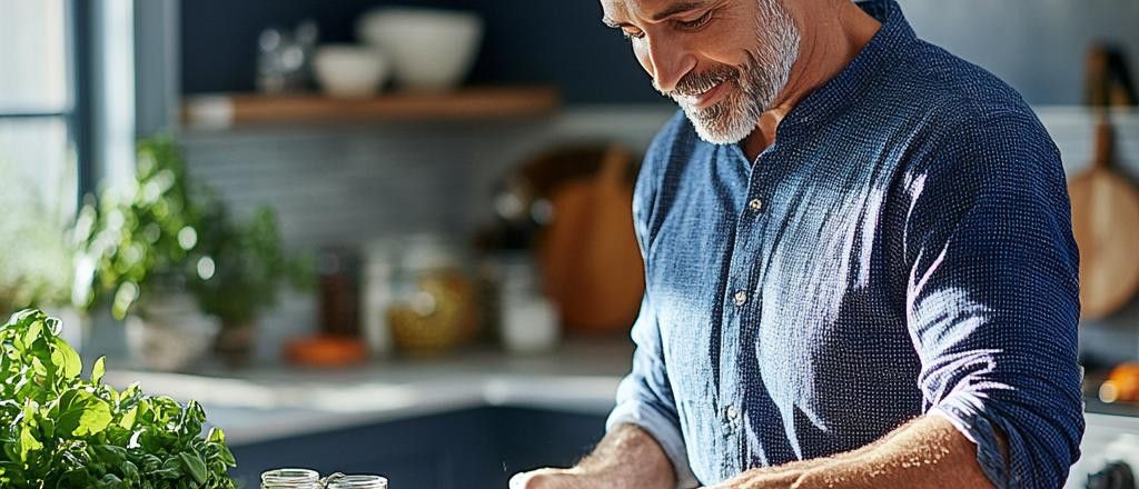 A man with a beard is smiling while cooking in a modern kitchen.