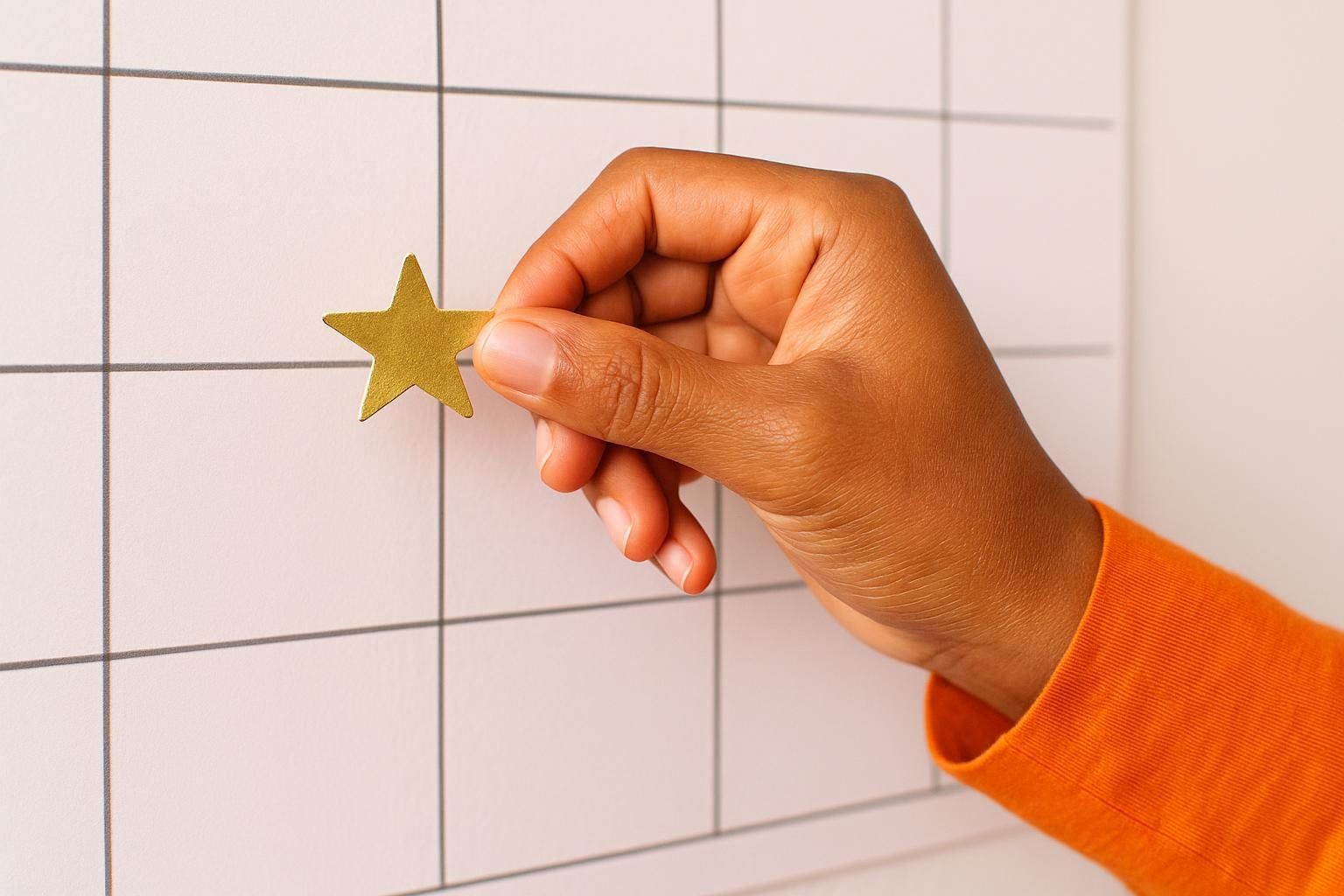 A close-up of a person's hand, wearing an orange sleeve, delicately placing a shiny gold star sticker onto a grid-patterned surface, resembling a calendar or planner.