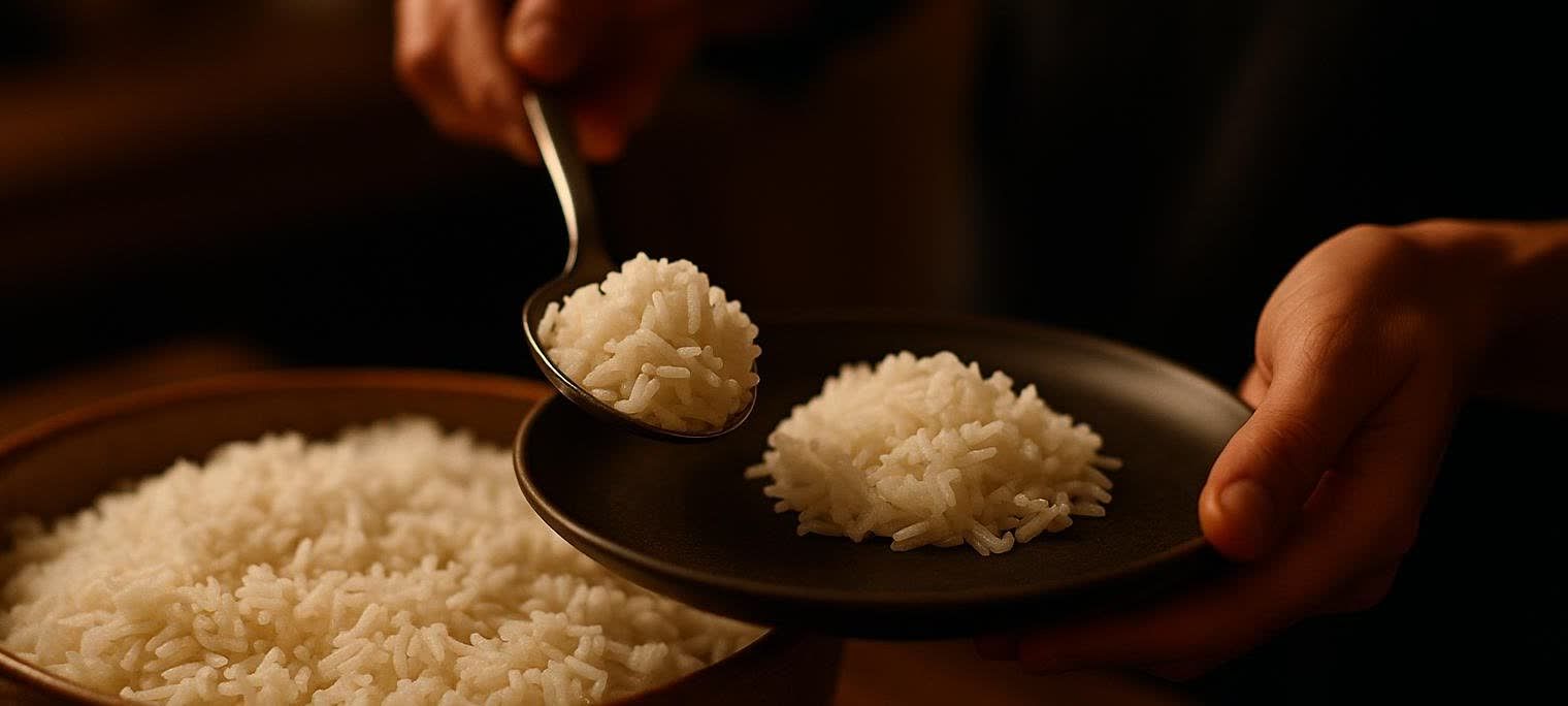 A close-up of a person's hands serving a small, neat portion of white rice from a spoon onto a small dark plate. A larger bowl of rice is visible in the soft-focus background.