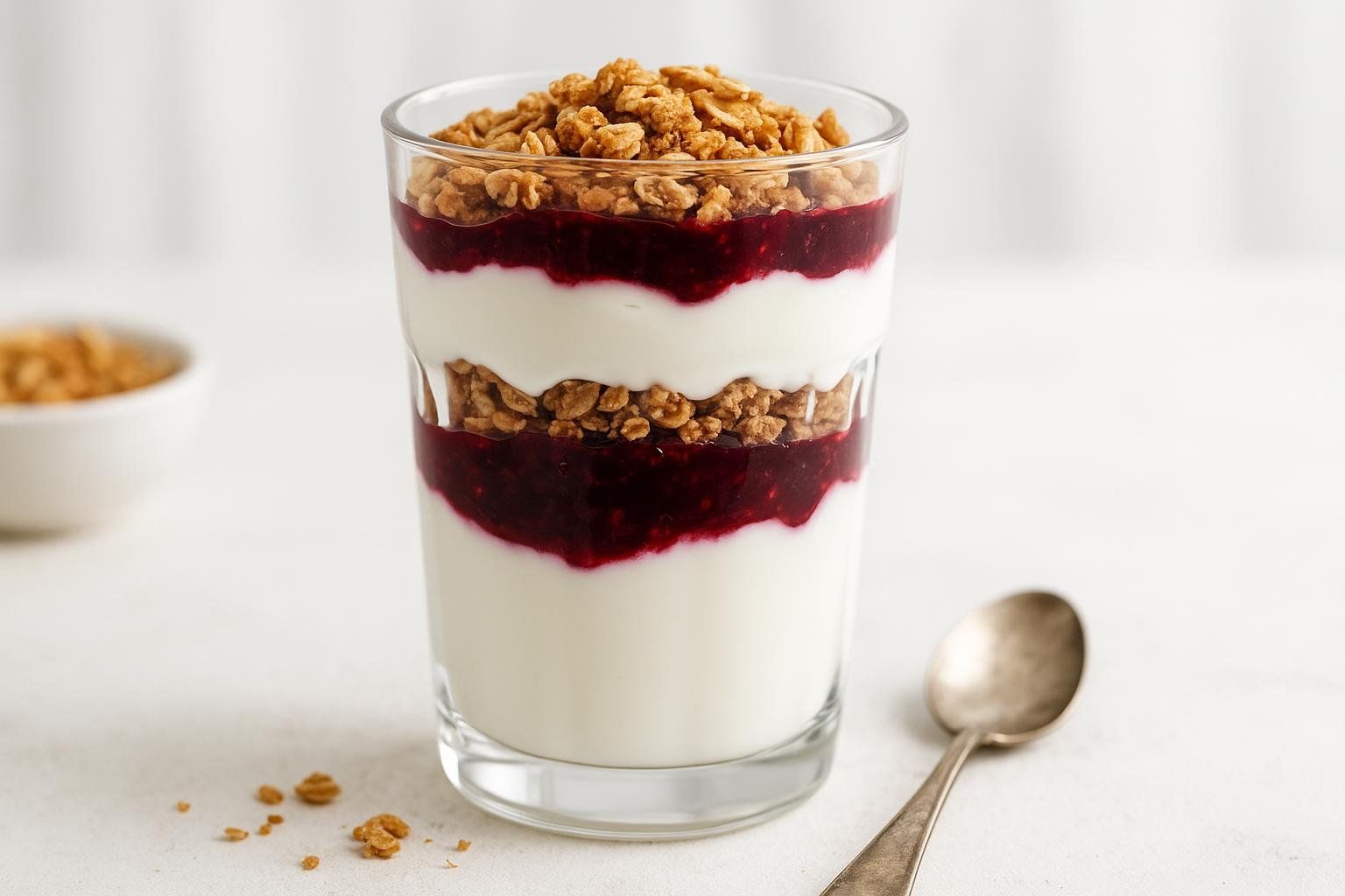 A delicious and healthy power parfait with layers of yogurt, berries, and granola in a tall glass.