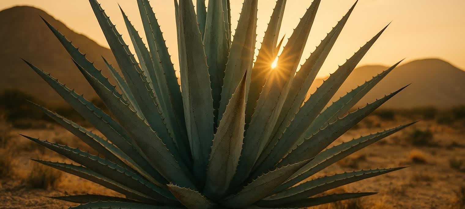 A large blue agave plant growing in a desert landscape at sunset.