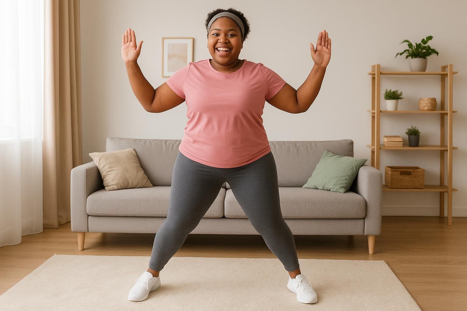 A person smiling while performing a low-impact jumping jack in their home, wearing a pink shirt and gray leggings.