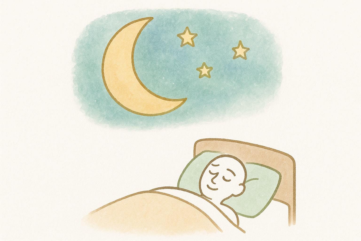 Illustration of a person sleeping peacefully in bed under a crescent moon and three stars in a blue sky.