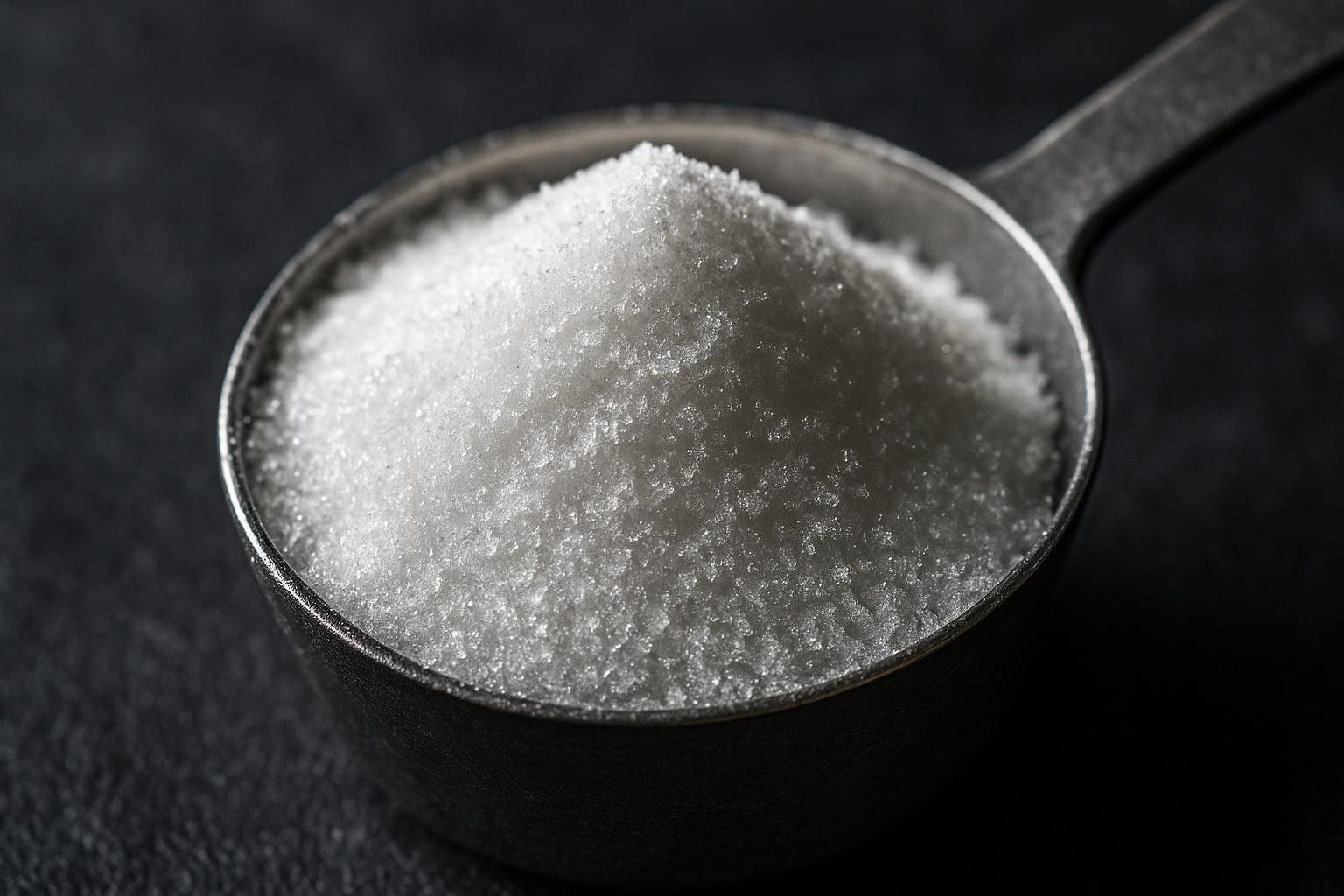 A macro photo of white creatine monohydrate powder in a scoop, highlighting its crystalline texture.