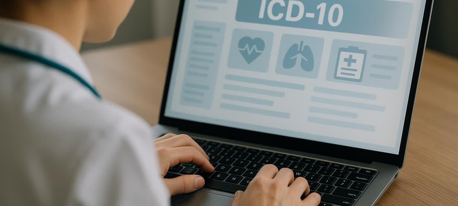 Hands of a healthcare professional typing on a laptop displaying ICD-10 medical codes.
