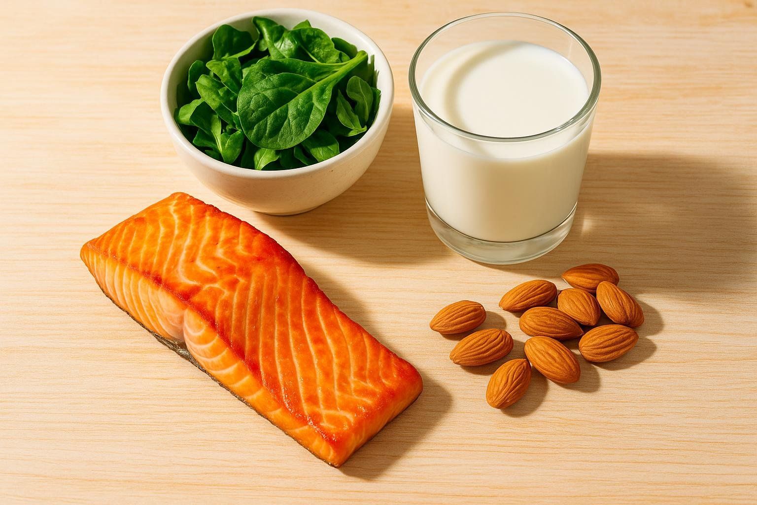 A flat lay of bone-healthy foods like salmon, leafy greens, milk, and almonds, representing key nutrients for skeletal health.