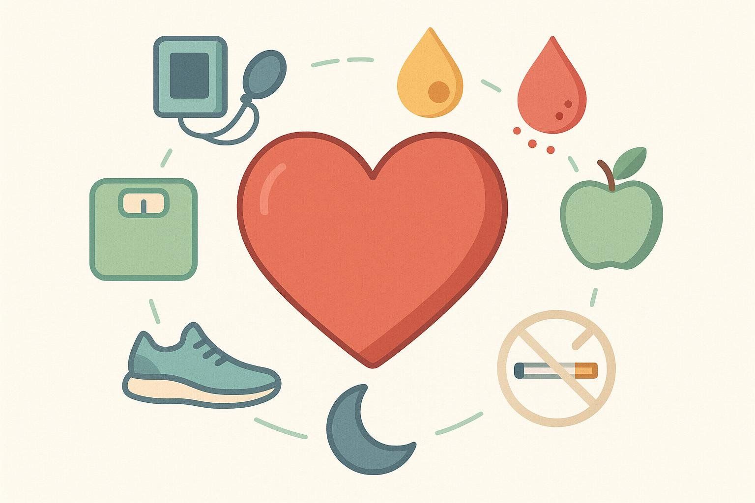 Illustration of a heart surrounded by icons representing the AHA Life's Essential 8 for cardiometabolic health.