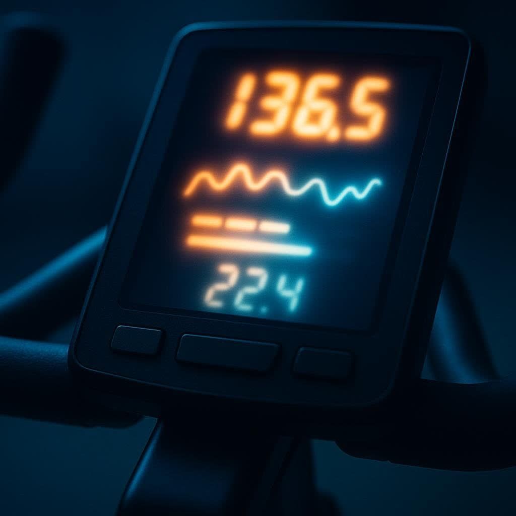 A close-up of a stationary bike's glowing digital display showing workout data: an orange '136.5', two horizontal wavy lines (one orange, one blue), three short dashed lines, and a light blue '22.4'.