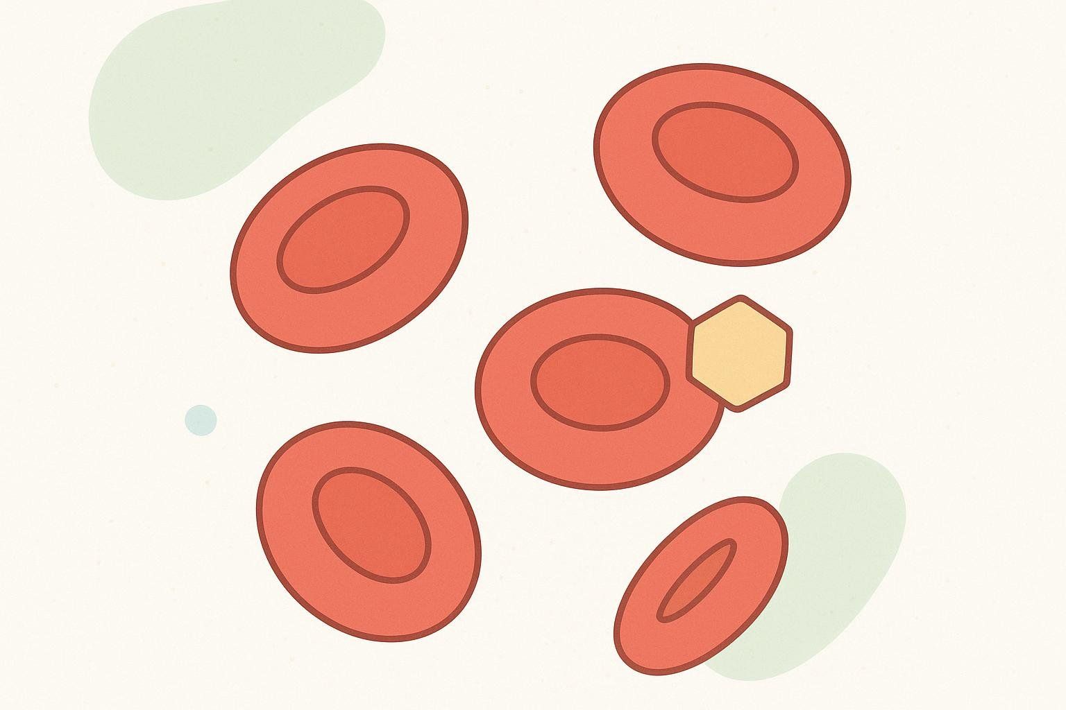Illustration of red blood cells, with one showing an attached sugar molecule, representing A1C.