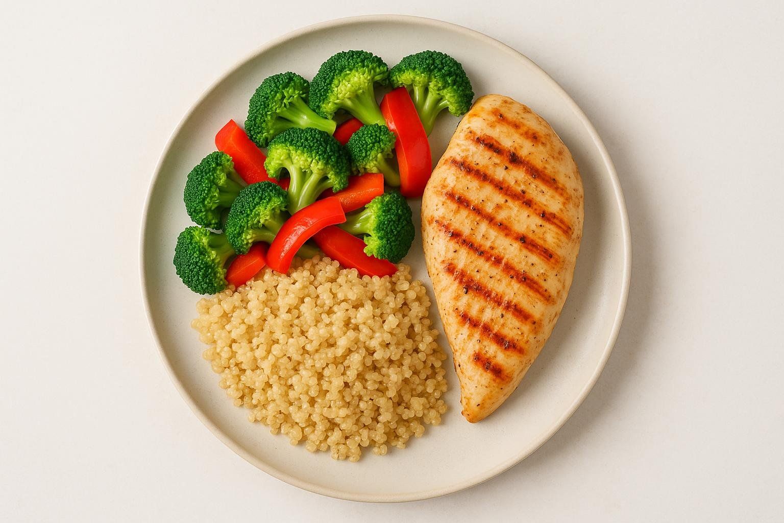 A healthy meal on a plate featuring a grilled chicken breast with grill marks, a serving of fluffy quinoa, and steamed broccoli florets with sliced red bell peppers.